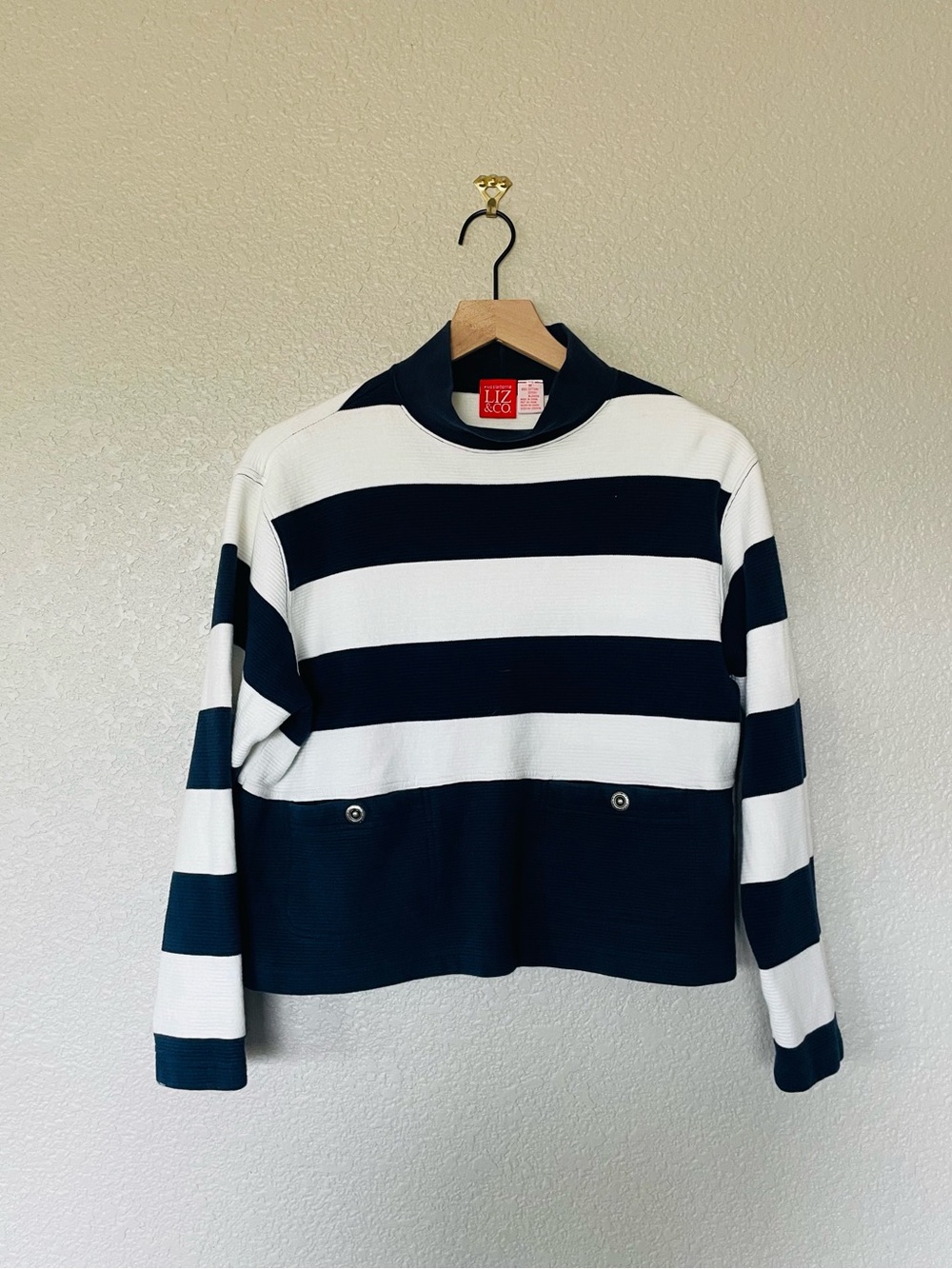 Vintage Liz & Co. Boxy Mockneck Navy Striped Top